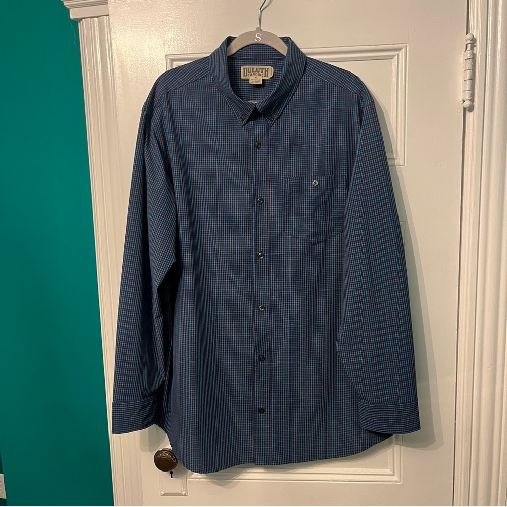 Duluth Trading Co. Men’s Standard Fit Long Sleeve Button Down Shirt Blue Red XL